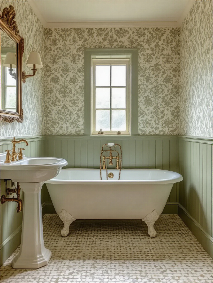 Portrait of a vintage bathroom with moisture-resistant vinyl wallpaper.