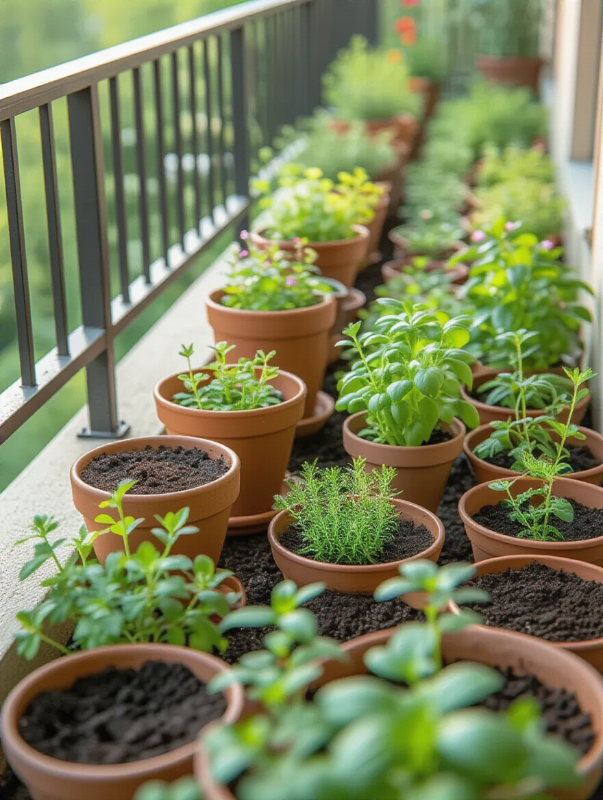 Balcony containers of varying sizes with drainage holes and thriving plants