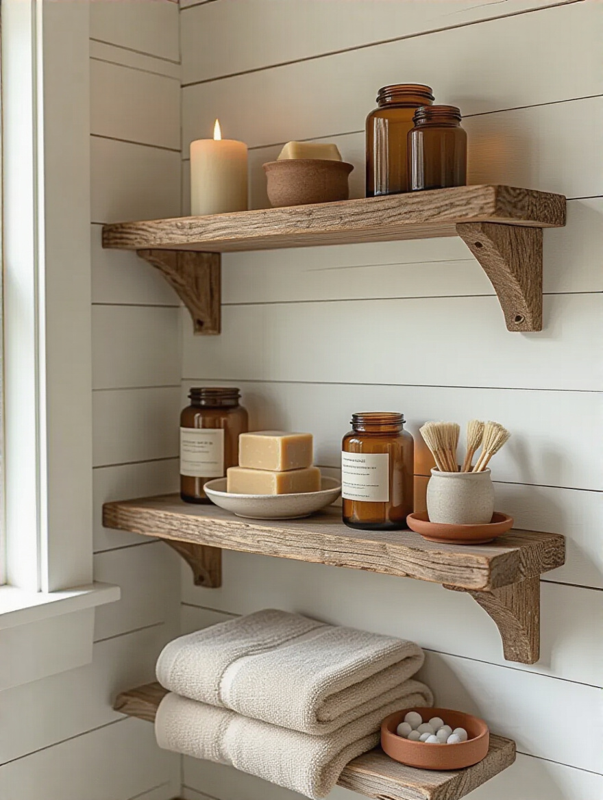Rustic bathroom shelf display with artisan soaps, beeswax candles, and linen towels on weathered wood