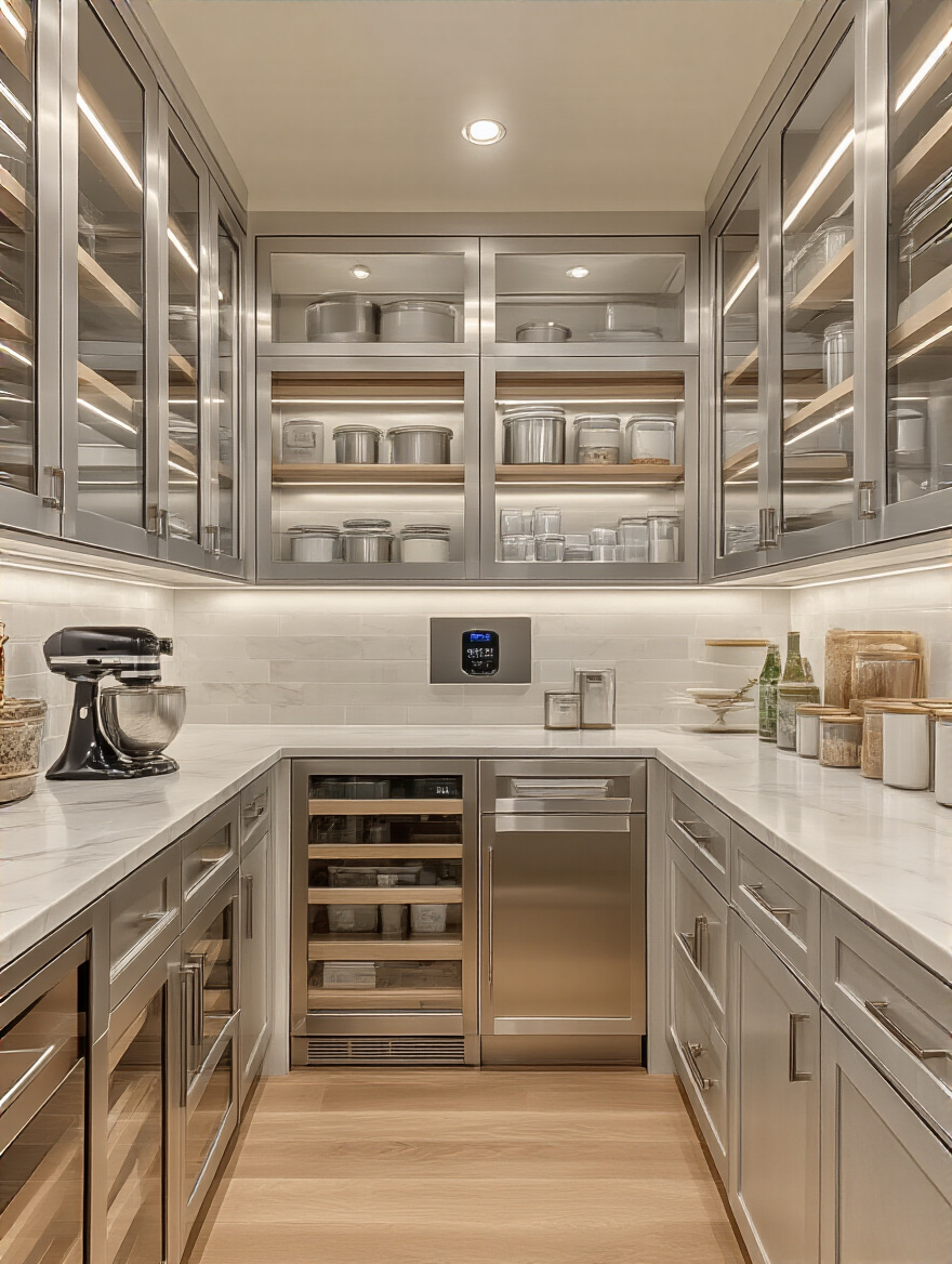 Luxurious climate-controlled pantry interior with sealed shelving