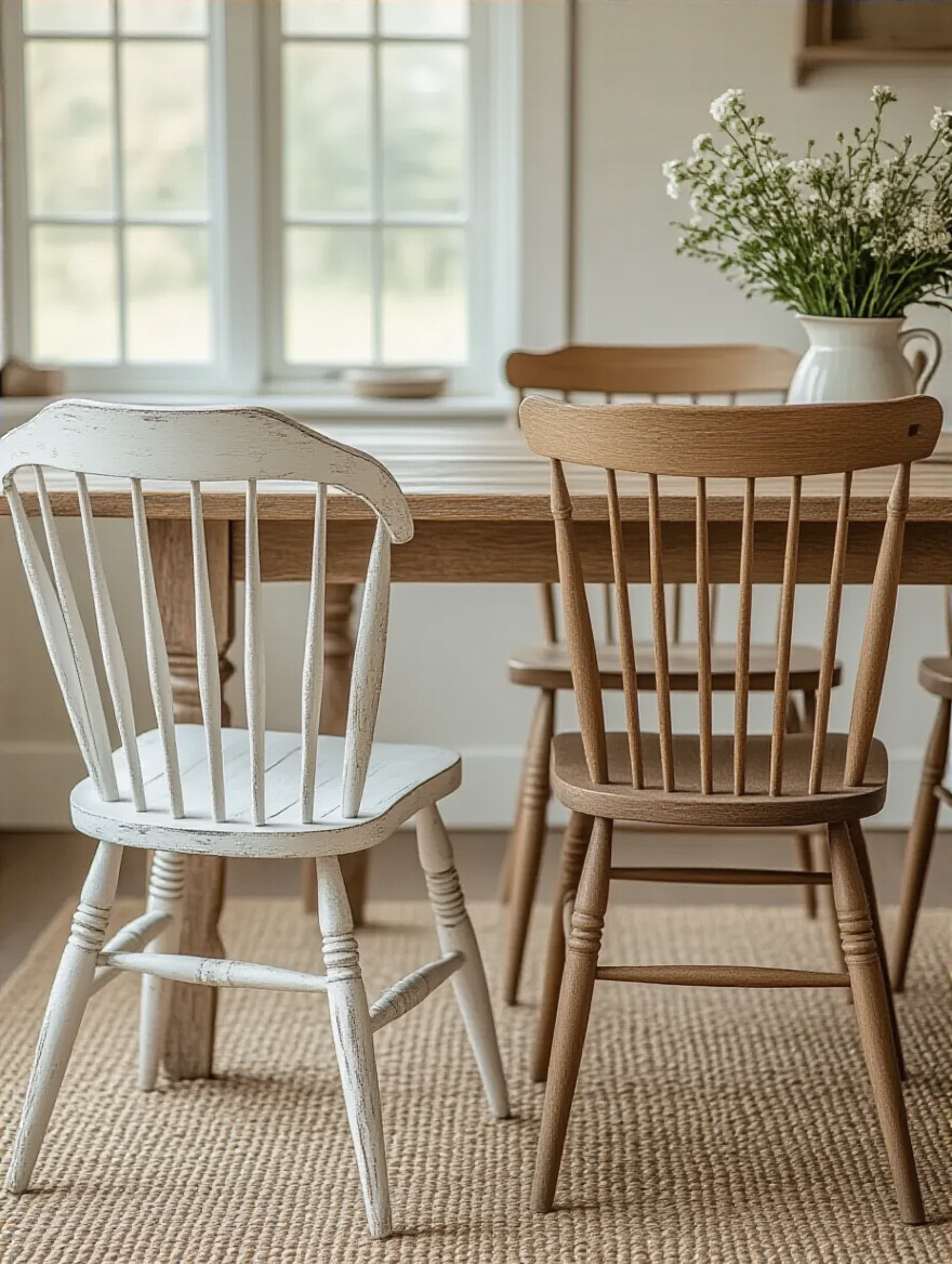 A distressed white Windsor chair and a natural oak ladderback farmhouse dining chair with contoured seats, set around a rustic wooden dining table in a cozy, naturally lit farmhouse dining room.