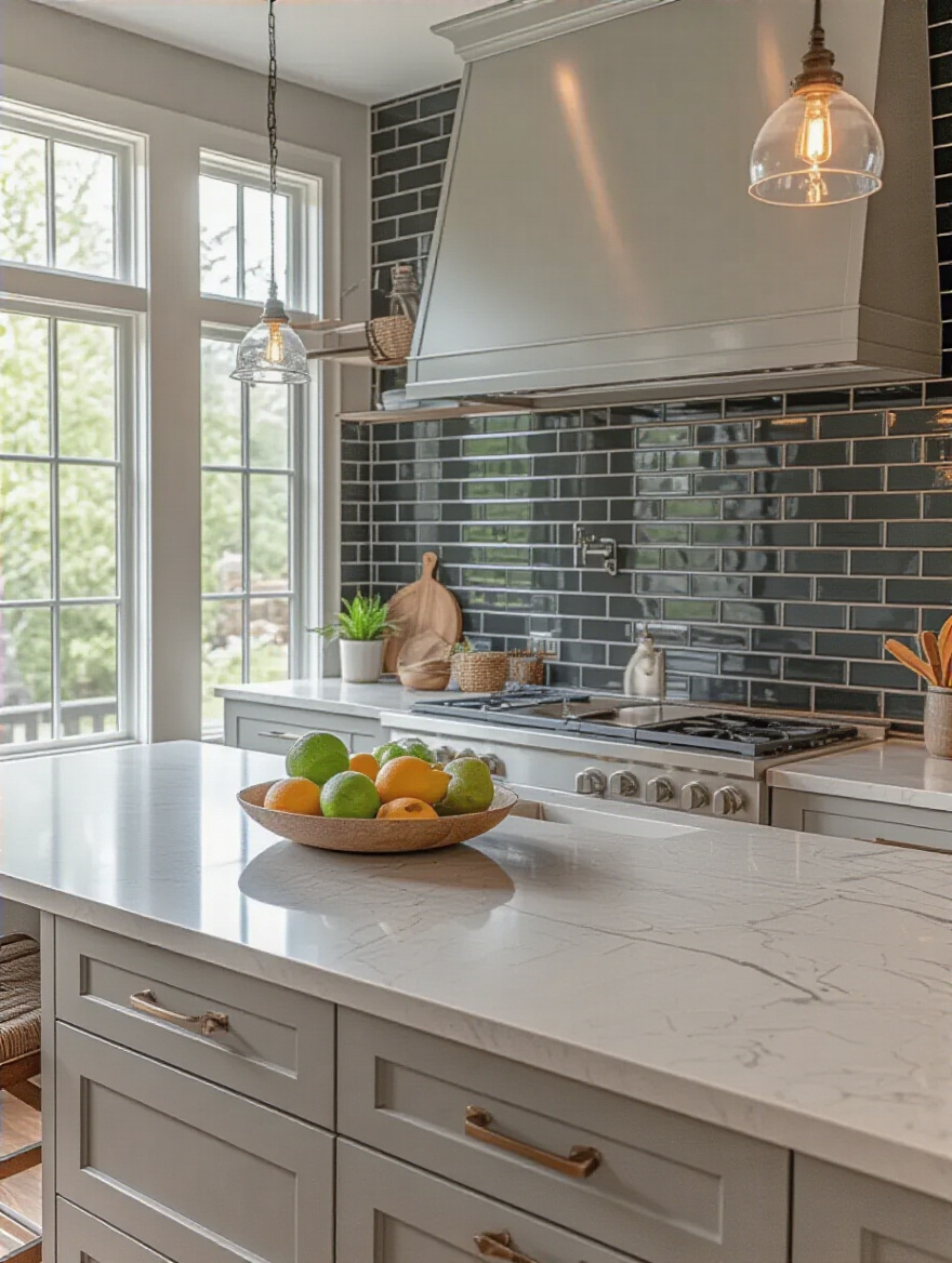 Modern kitchen island with grey quartz countertop and charcoal glass backsplash