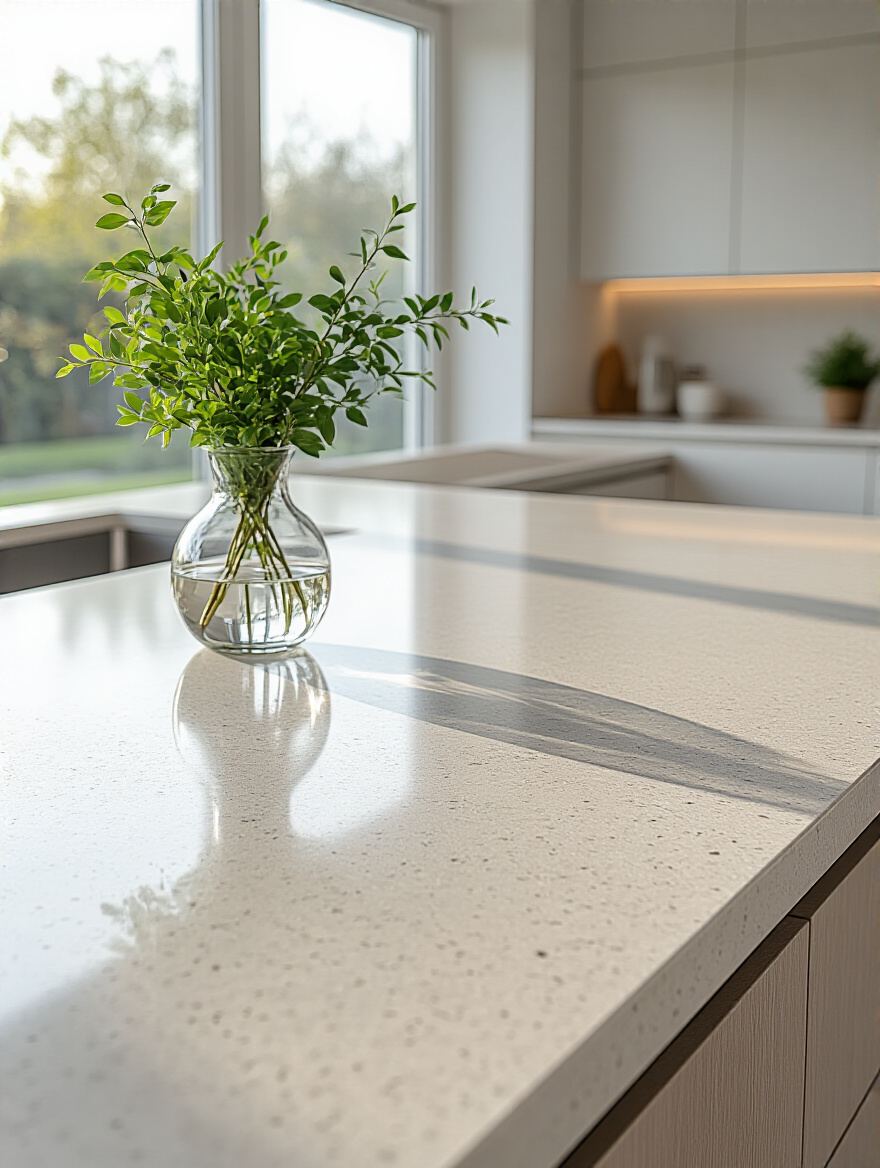 Close-up of a pristine, engineered quartz kitchen island countertop, light-toned, showcasing durability and cleanliness in a modern kitchen setting.