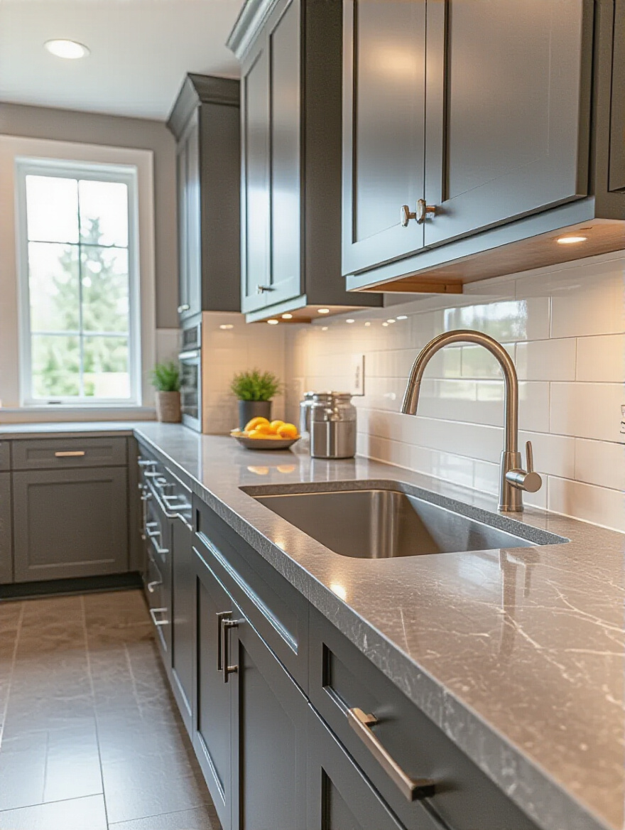 Portrait view of a modern kitchen island with durable countertop materials