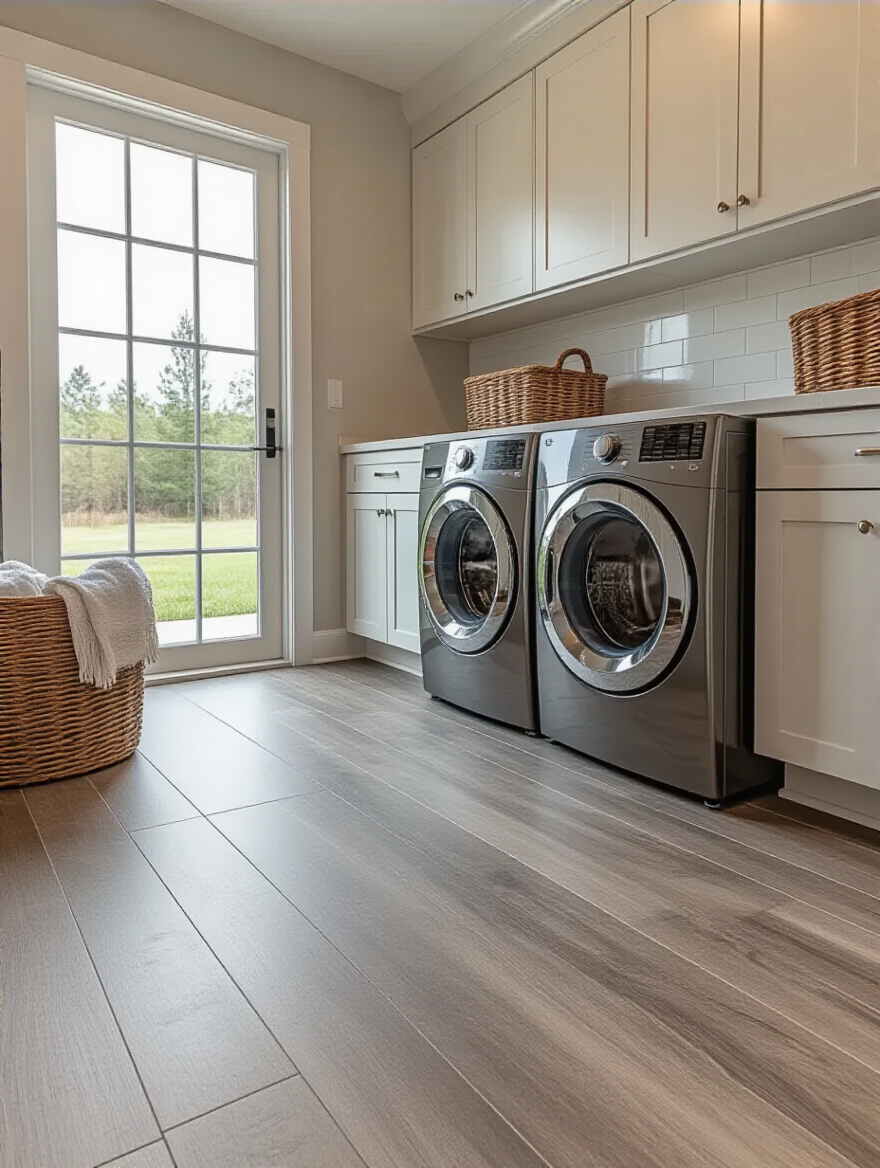 Portrait view of a laundry room floor featuring moisture-resistant flooring