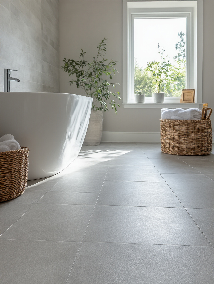 Modern light gray textured porcelain tile bathroom floor, durable and slip-resistant for safety and longevity