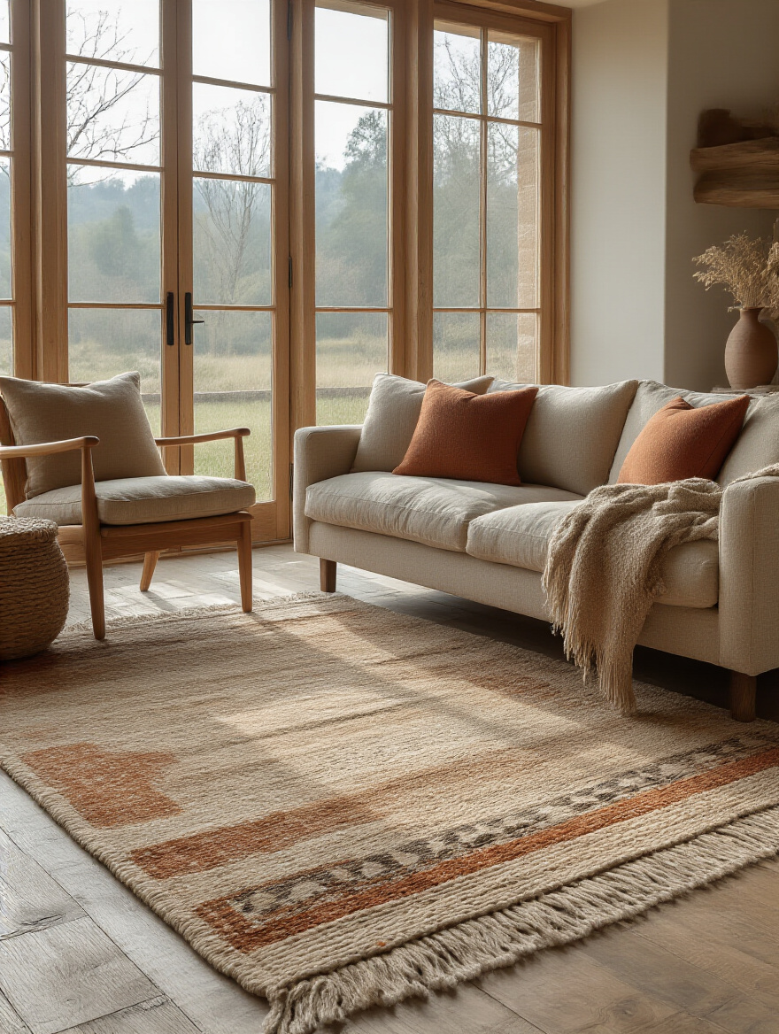 Rustic living room with an earthy-toned rug grounding the seating area