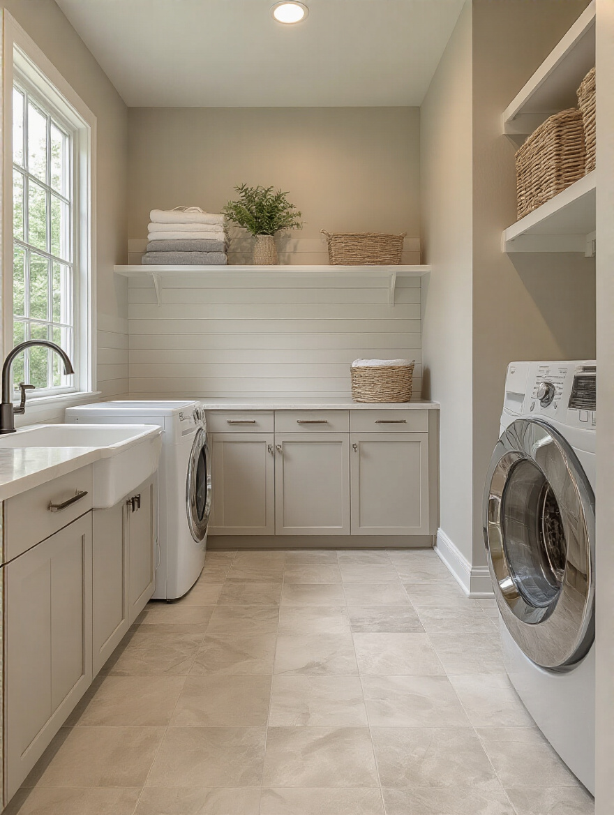 Portrait view of a laundry room with moisture-resistant, easy-to-clean flooring