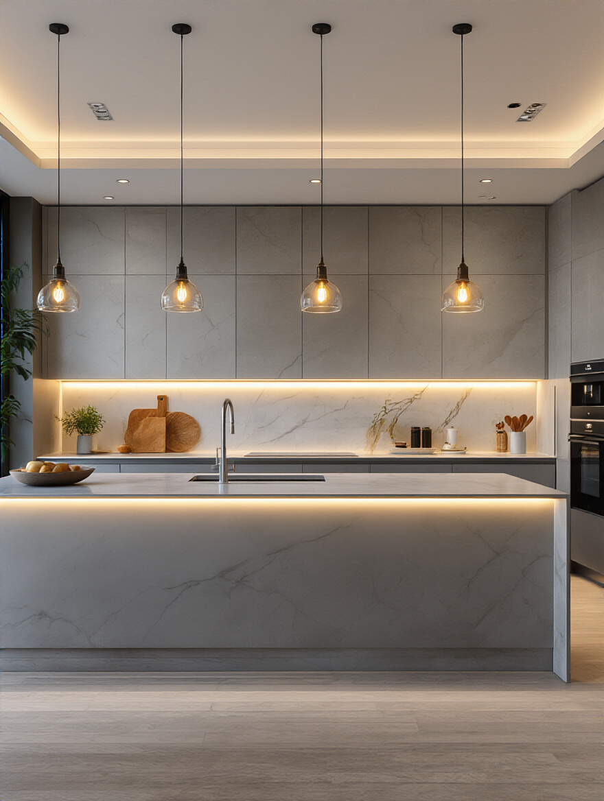 Vertical portrait of a modern kitchen with focused task lighting over prep and cooking zones