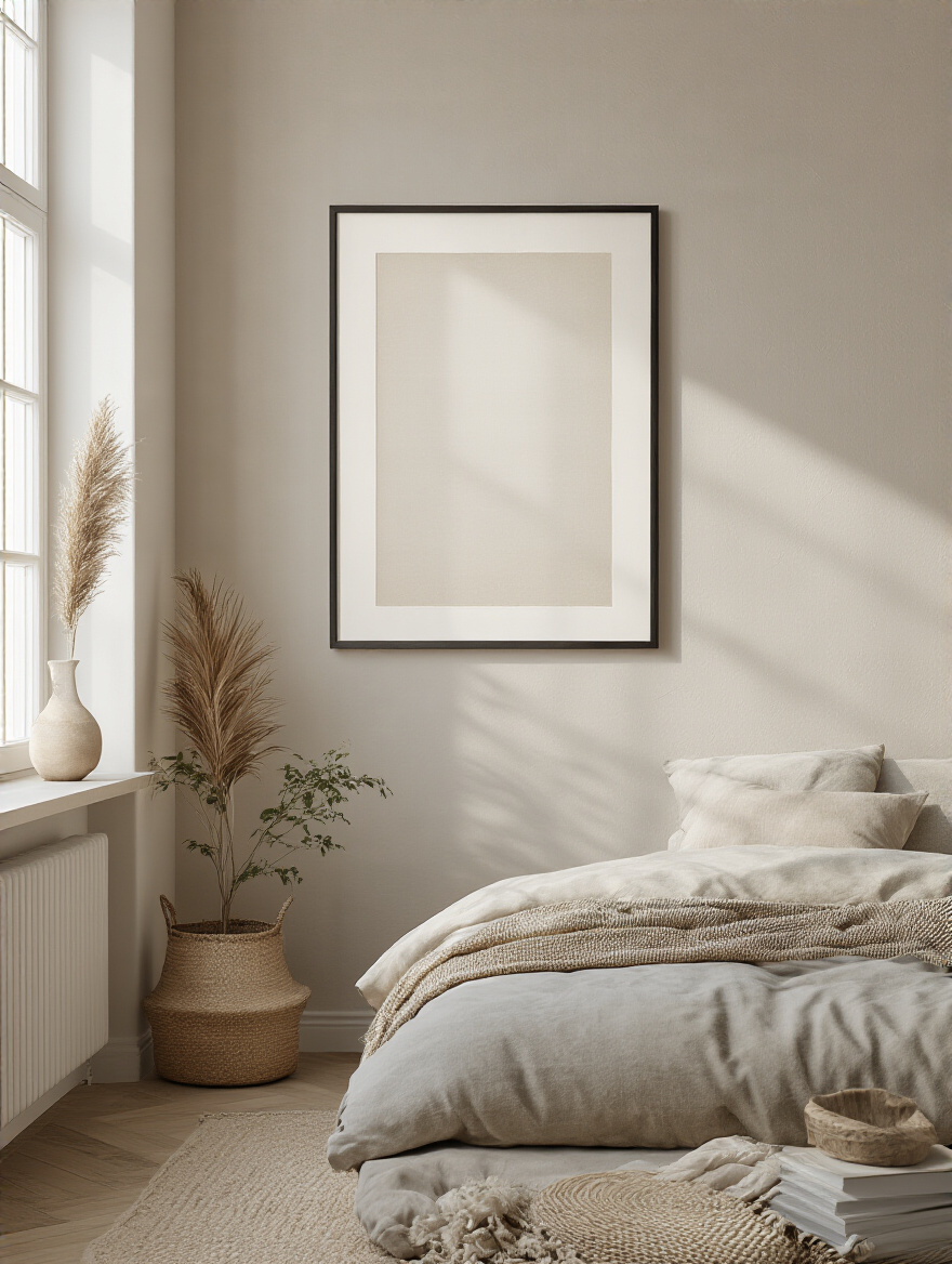Bedroom wall with framed artwork in a slim neutral frame and white mat