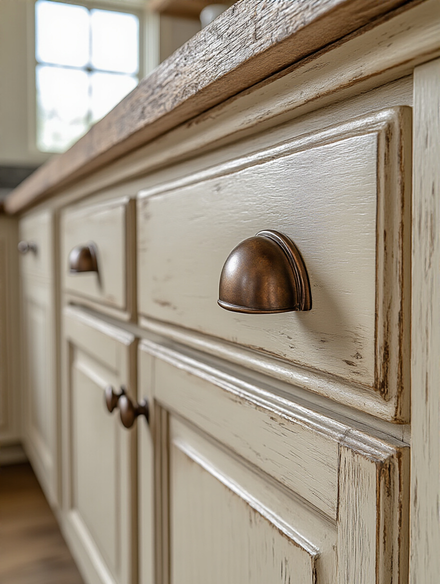 Close-up of oil-rubbed bronze cup pulls and matching knobs on a cream-colored distressed farmhouse kitchen cabinet, highlighting aged hardware.