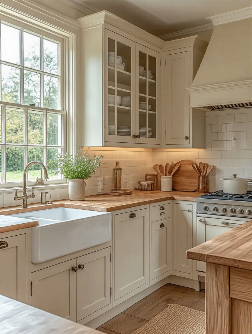 White Shaker or Beadboard style cabinetry in a charming farmhouse kitchen with natural light.