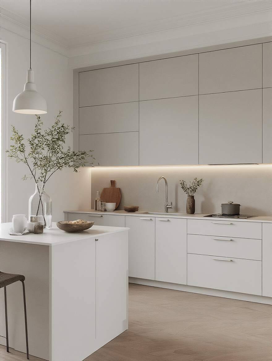 Portrait view of a contemporary kitchen with seamless cabinet fronts and invisible hardware