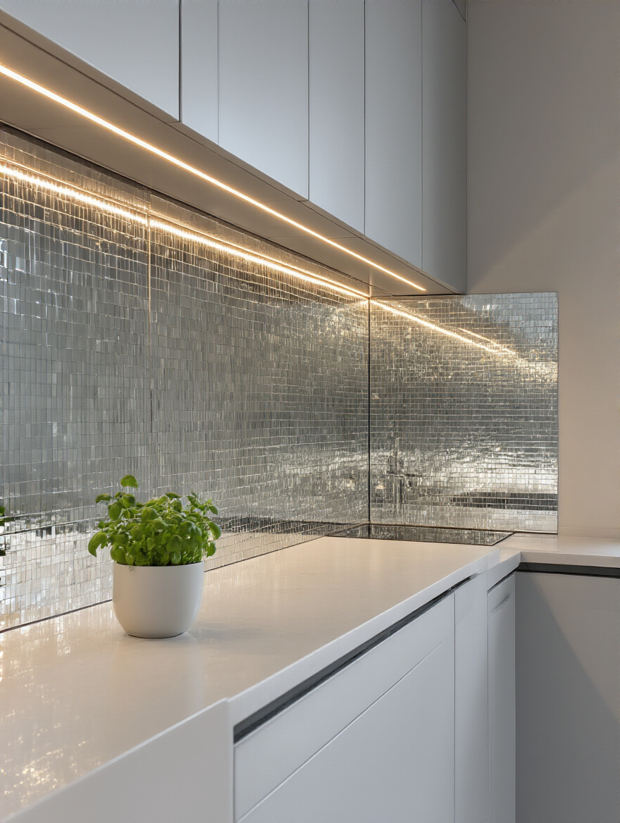 Small kitchen with an antiqued mirrored backsplash reflecting light and creating depth.