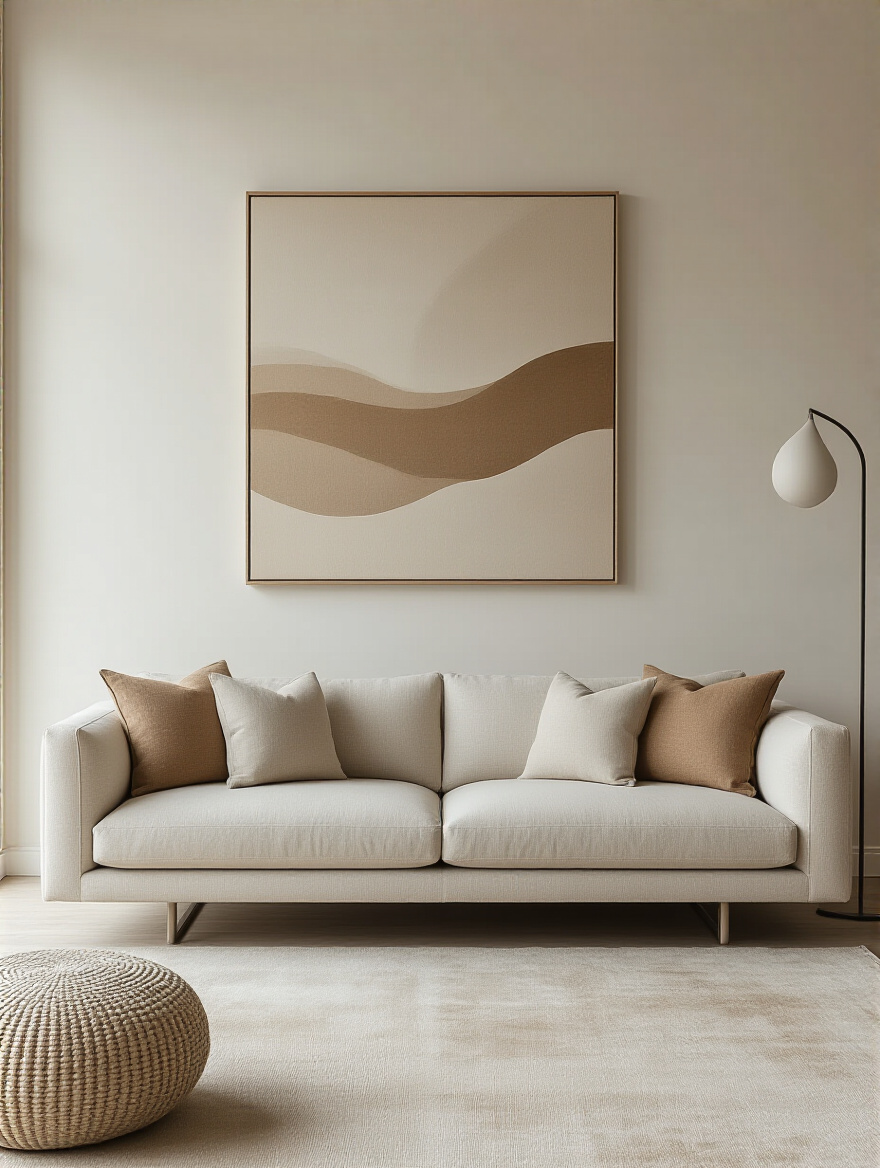 A bright, minimalist living room featuring a single large abstract artwork in calming neutral tones centered above a sleek, light gray sofa, anchoring the wall as a sophisticated focal point.