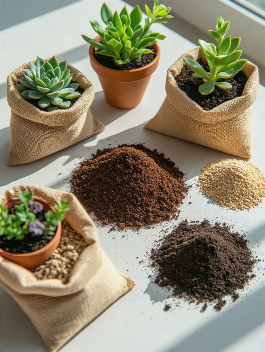 Close-up of various specialized potting mixes, like succulent mix, flowering plant mix, and general organic mix, alongside different types of patio plants in pots, illustrating the concept of custom potting mix selection for specific plant needs.