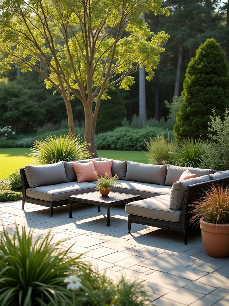 An elegant portrait view of a modern patio featuring resilient outdoor furniture, including a grey HDPE wicker sectional and an aluminum coffee table with neutral Sunbrella cushions, surrounded by lush greenery, emphasizing durability and lasting comfort.