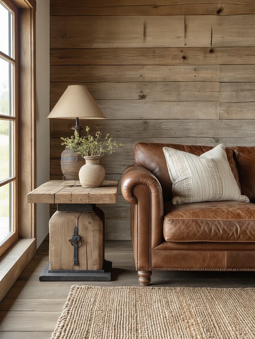 Portrait view of rustic living room with solid wood end table and forged iron base