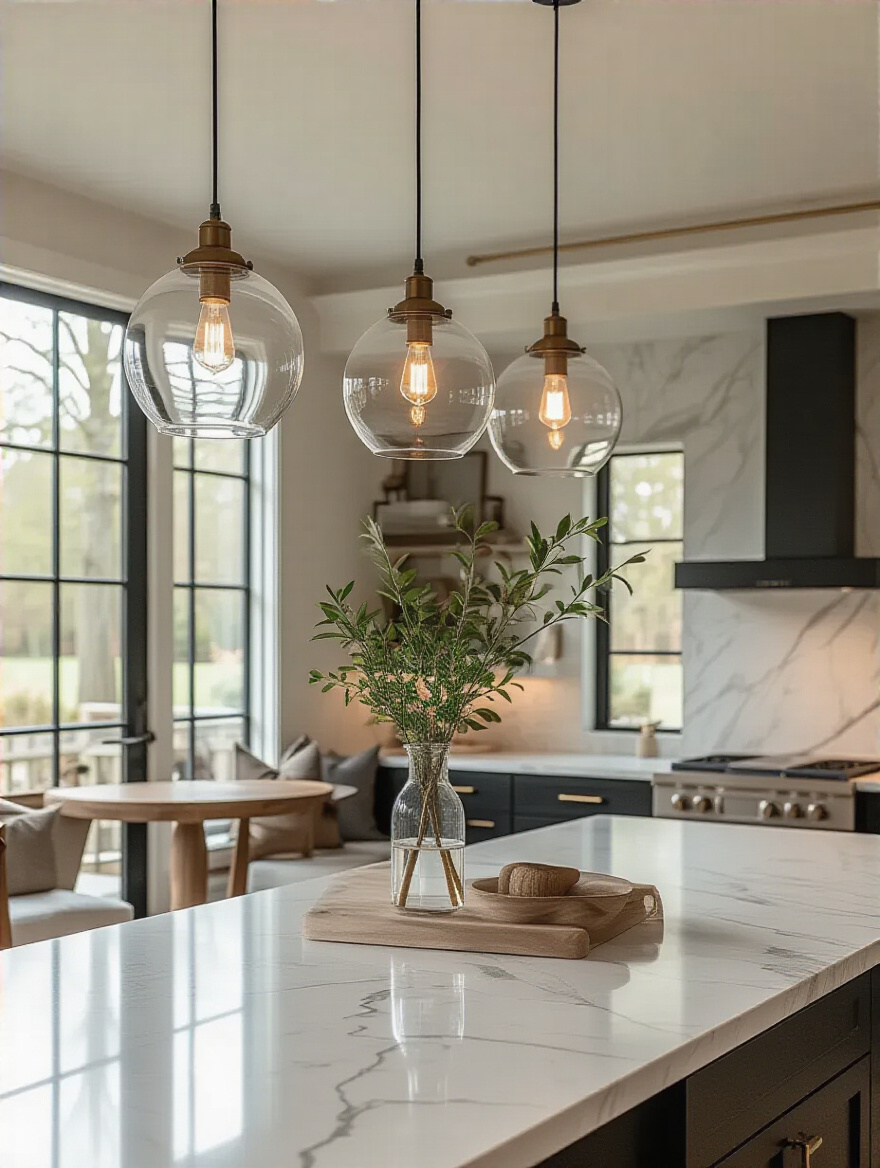 Pendant lights over a kitchen island and breakfast nook