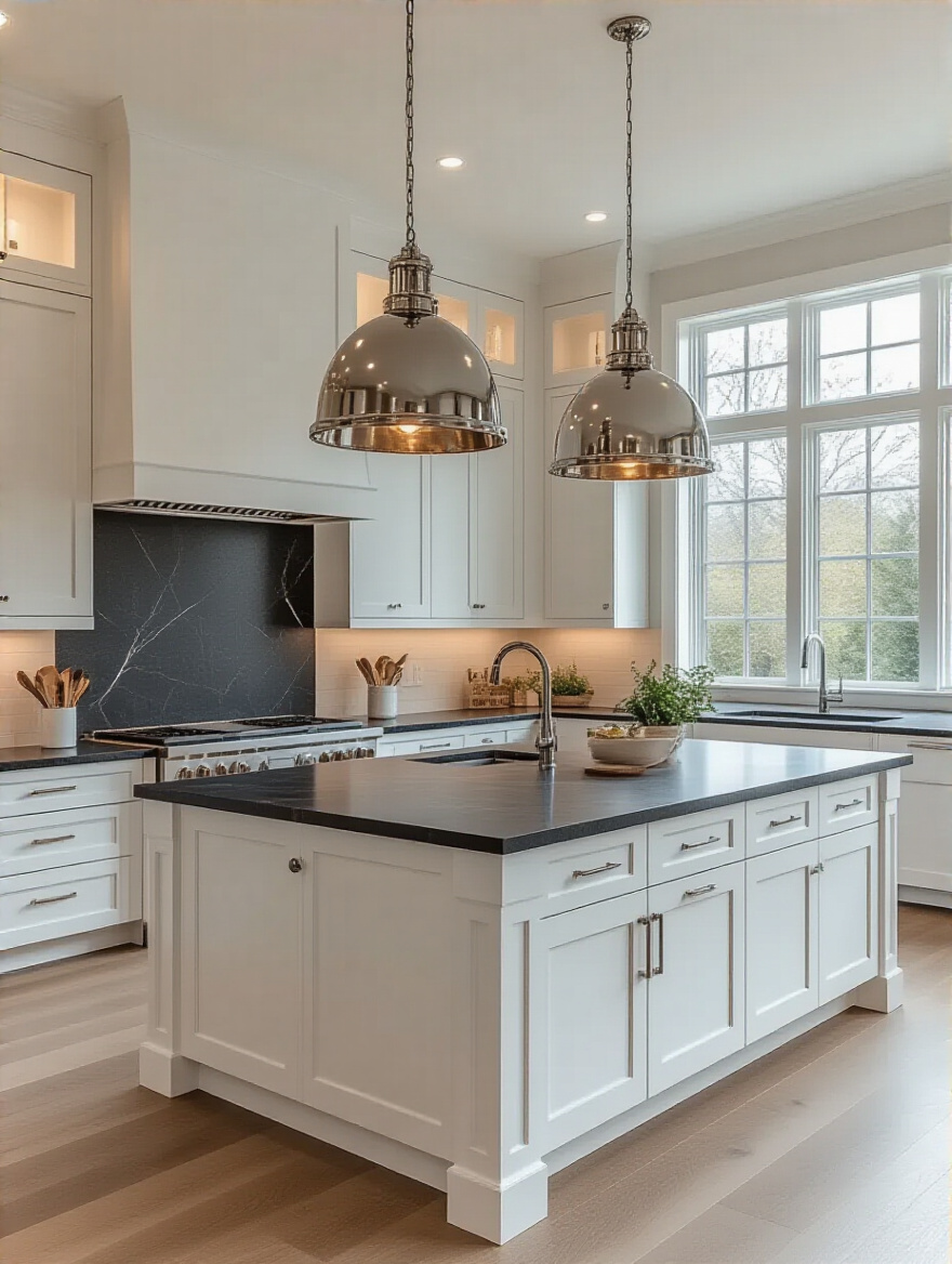 Elegant kitchen with a pair of oversized polished nickel industrial pendant statement lighting fixtures above a dark quartz kitchen island with white shaker cabinets.