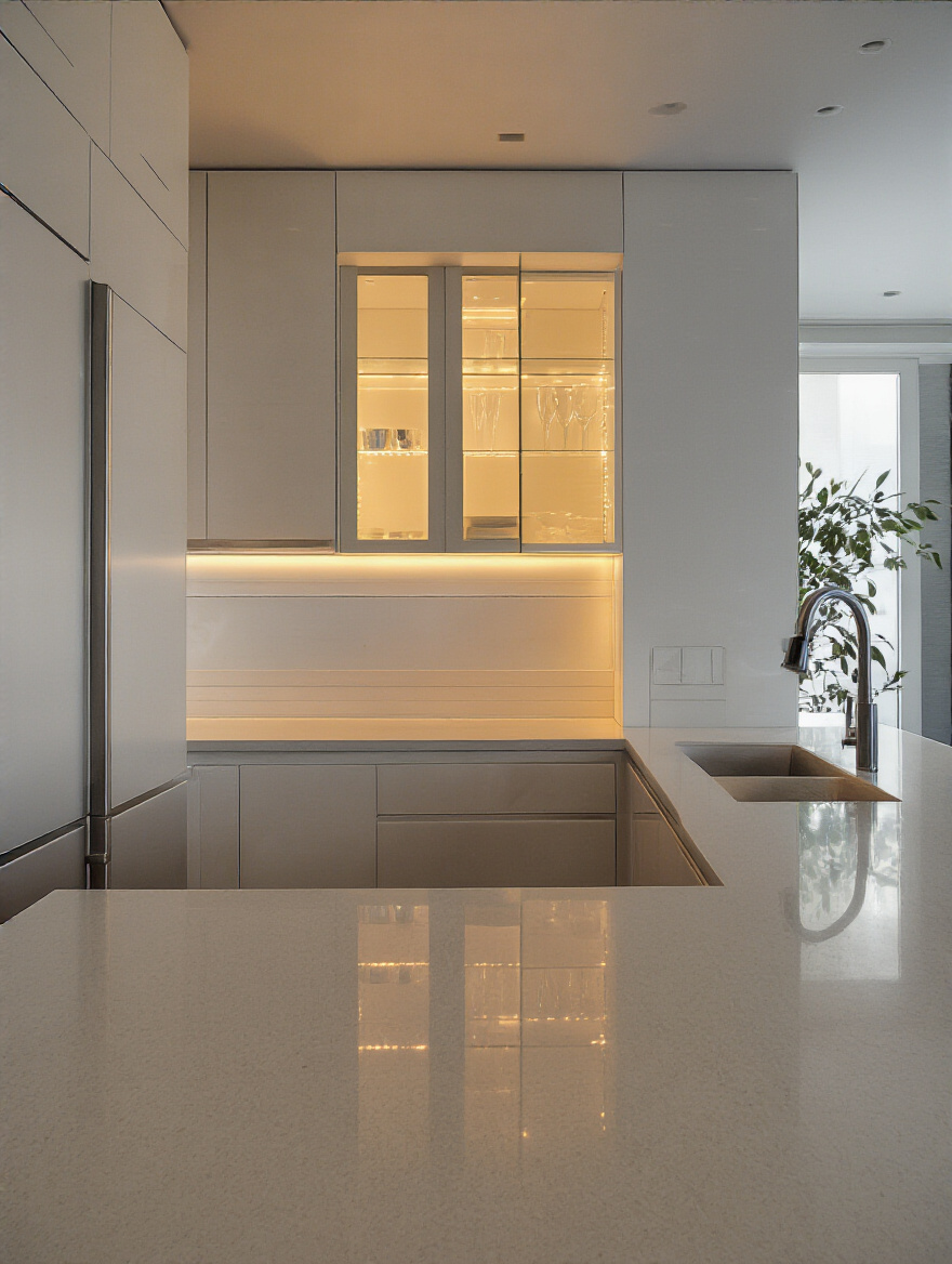 Vertical modern kitchen with under-cabinet and in-cabinet lighting
