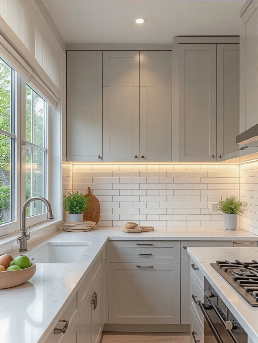 Modern kitchen with a cohesive backsplash unifying style and wall protection