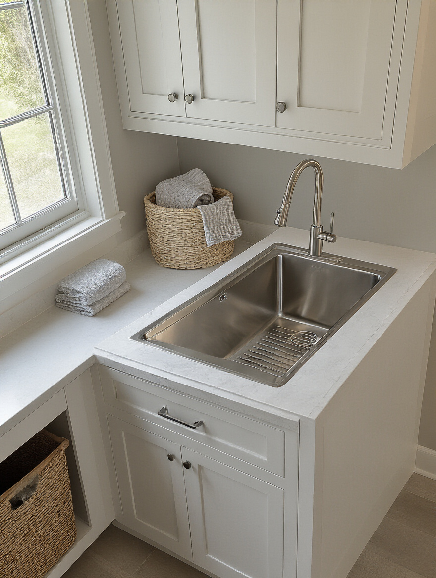 Portrait view of a modern laundry room featuring a deep utility sink with a high-arc faucet.