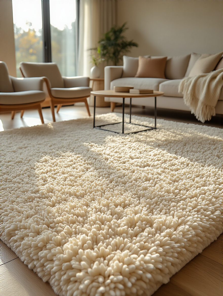 Cozy living room with a plush high-pile rug and warm lighting