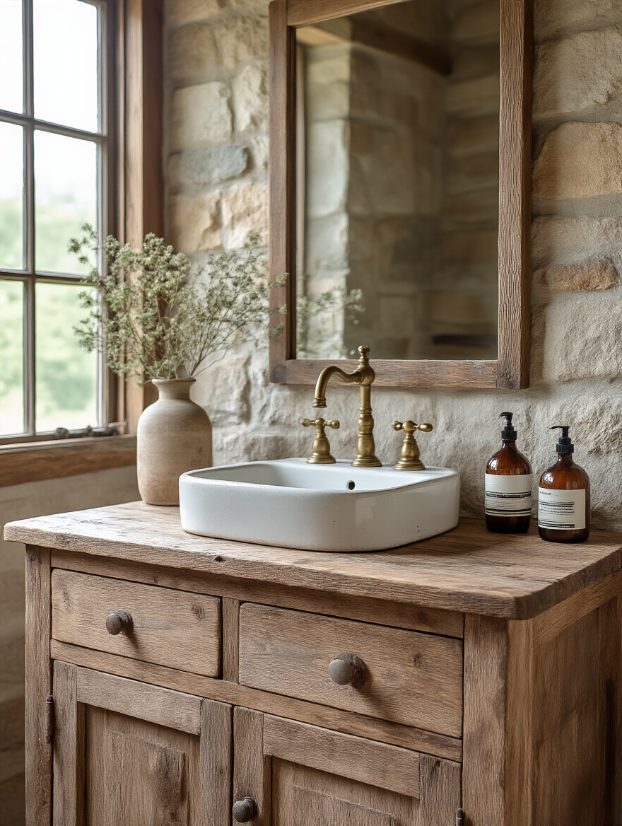 Portrait of a repurposed wood vanity with distressed finish in a rustic bathroom
