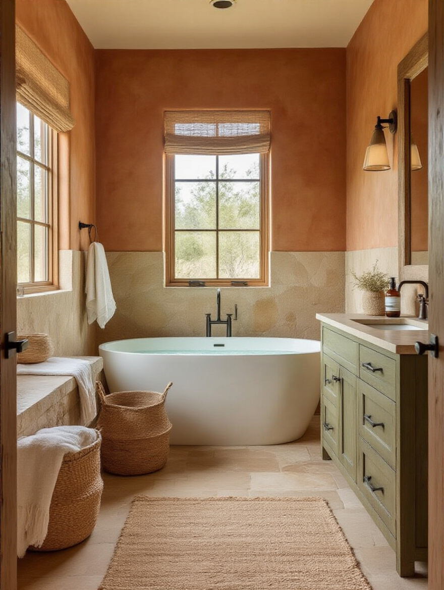 Portrait shot of rustic bathroom with earth-toned palette in terracotta, olive, and sandy beige