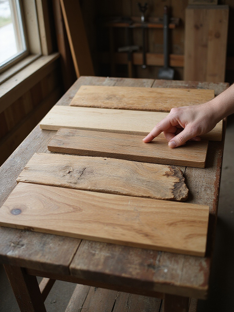 Arrangement of different wood samples, including reclaimed oak, knotty alder, and hickory, for rustic kitchen island construction, showcasing diverse grains and textures.