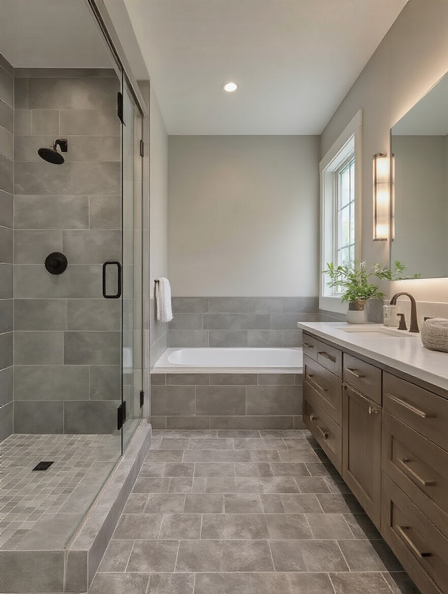 Portrait of a modern bathroom showing distinct tile zones for floor, walls, and shower tiles.