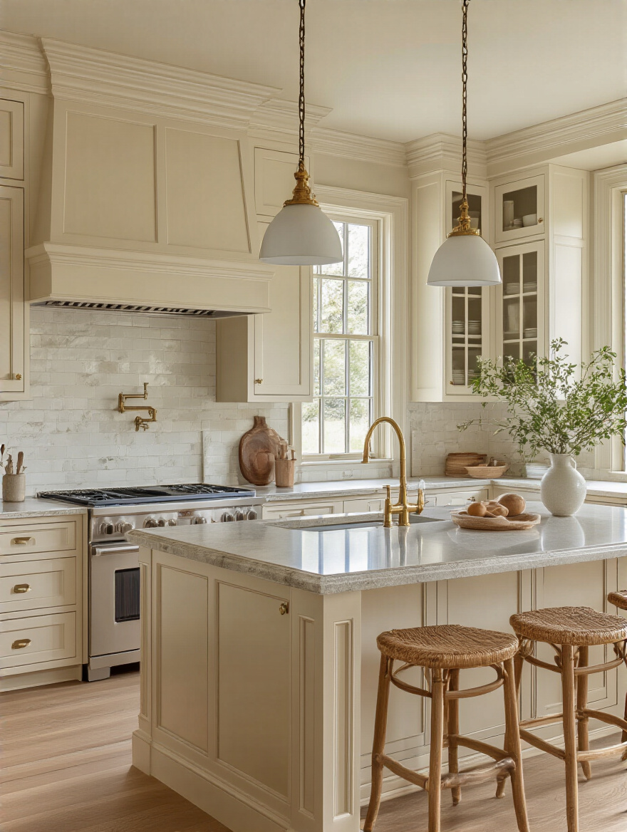 Portrait of a traditional kitchen highlighting durable countertop materials and ogee edge