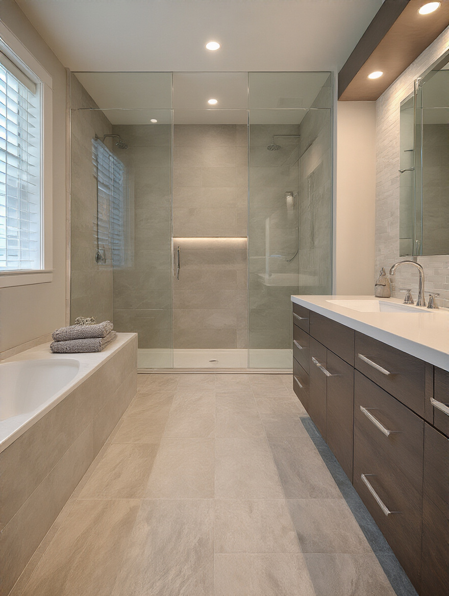 Vertical bathroom scene showcasing moisture-resistant flooring and shower enclosure