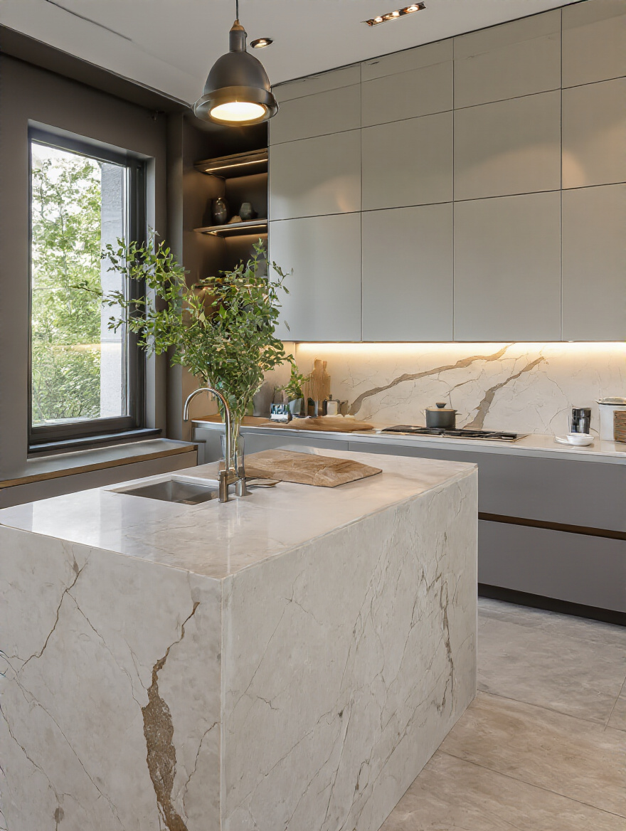 Modern kitchen island with durable quartz countertop and waterfall edge
