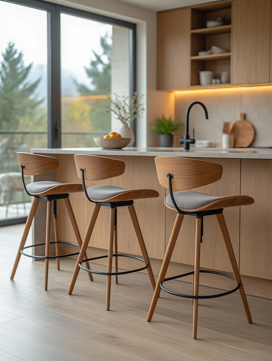 Portrait view of a modern kitchen island with ergonomic bar stools.