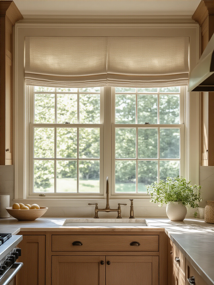 Traditional kitchen window with layered window treatments and warm light