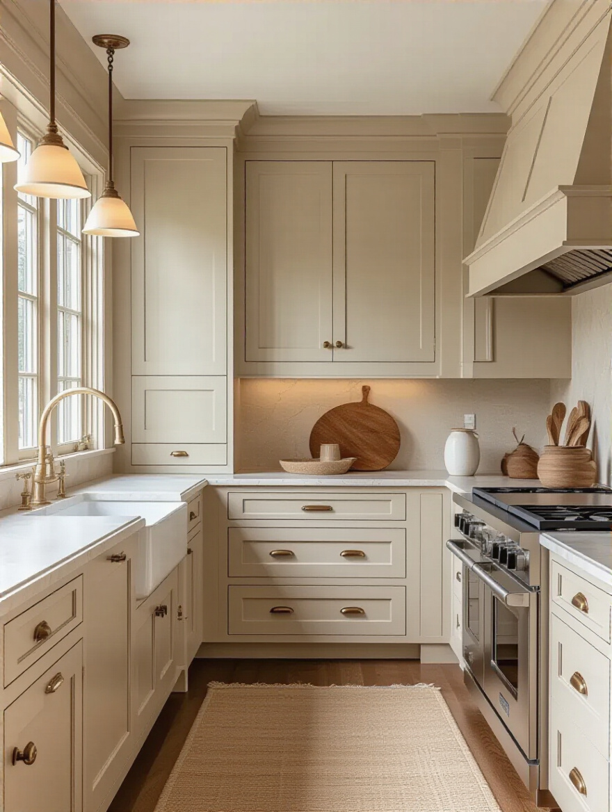 Portrait view of a traditional kitchen showcasing timeless cabinetry designs and wood finishes.