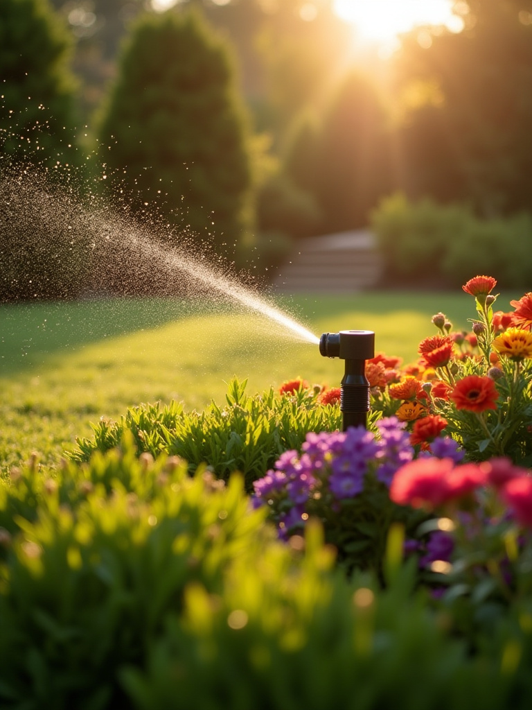 Modern smart irrigation sprinkler watering vibrant flowers and plants in a well-maintained backyard garden under soft evening light, showing efficient water use.
