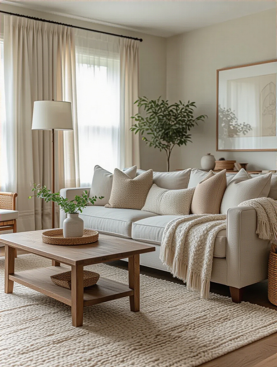 Cozy living room with warm textures and soft lighting