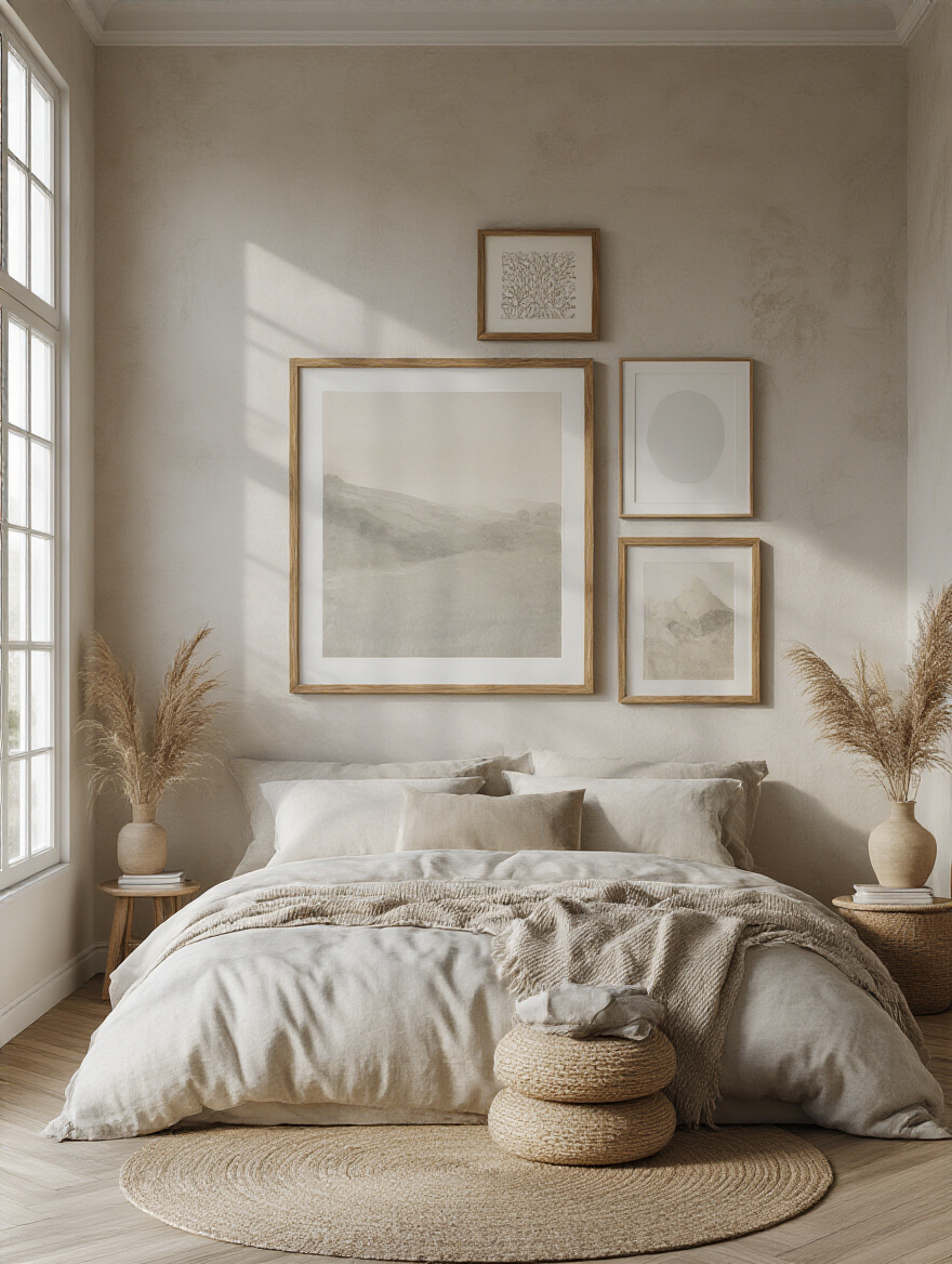 Portrait-style bedroom wall with a curated art gallery and natural light