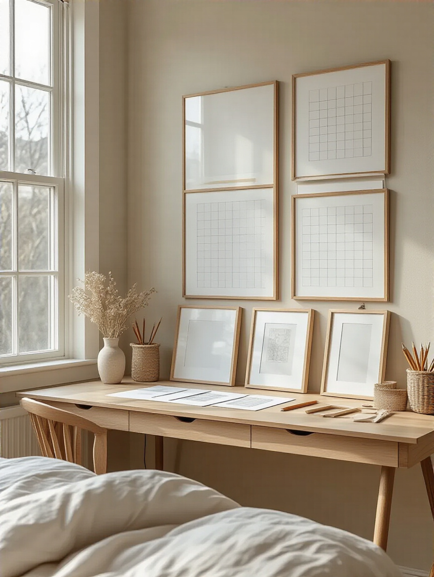 Portrait of a bedroom wall with graph-paper sketches for a gallery wall layout
