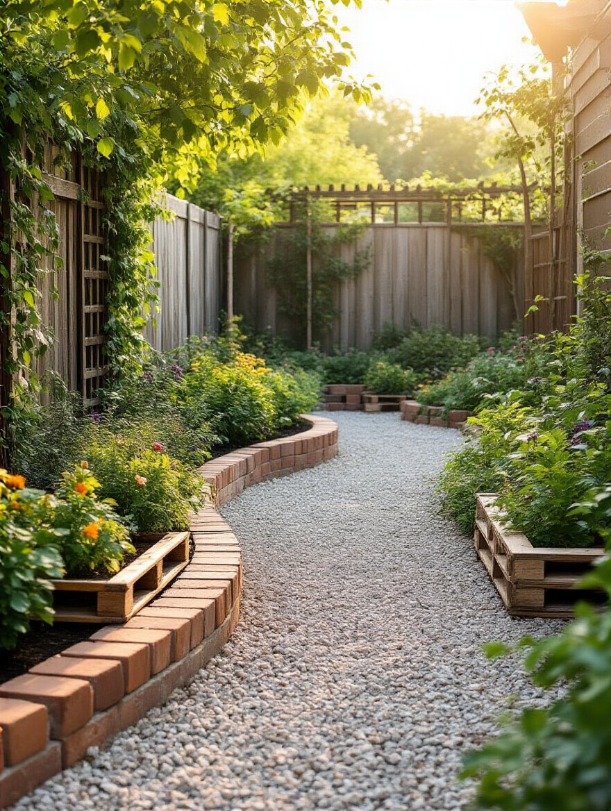 Portrait of backyard scene with reclaimed materials like bricks, wood planters, and stone at golden hour