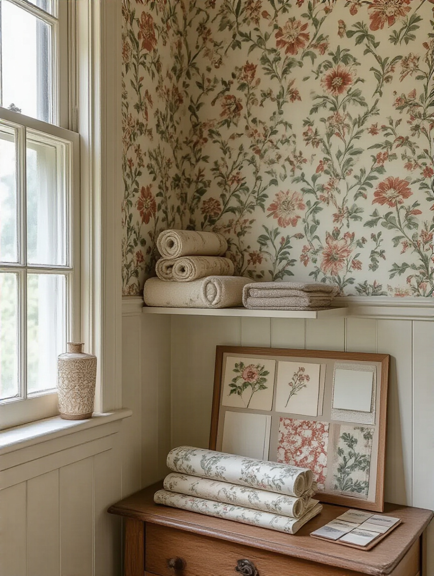 Portrait view of vintage bathroom wallpaper with rolls and swatches