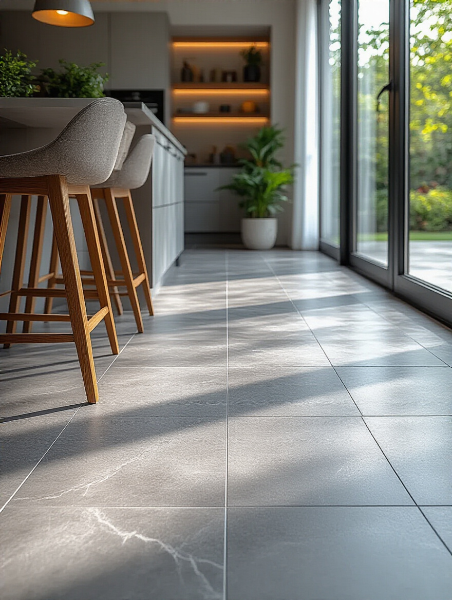 Close-up of a luxurious, durable grey porcelain tile kitchen floor with subtle veining, highly resistant to traffic and spills, showing clean grout lines and modern aesthetic