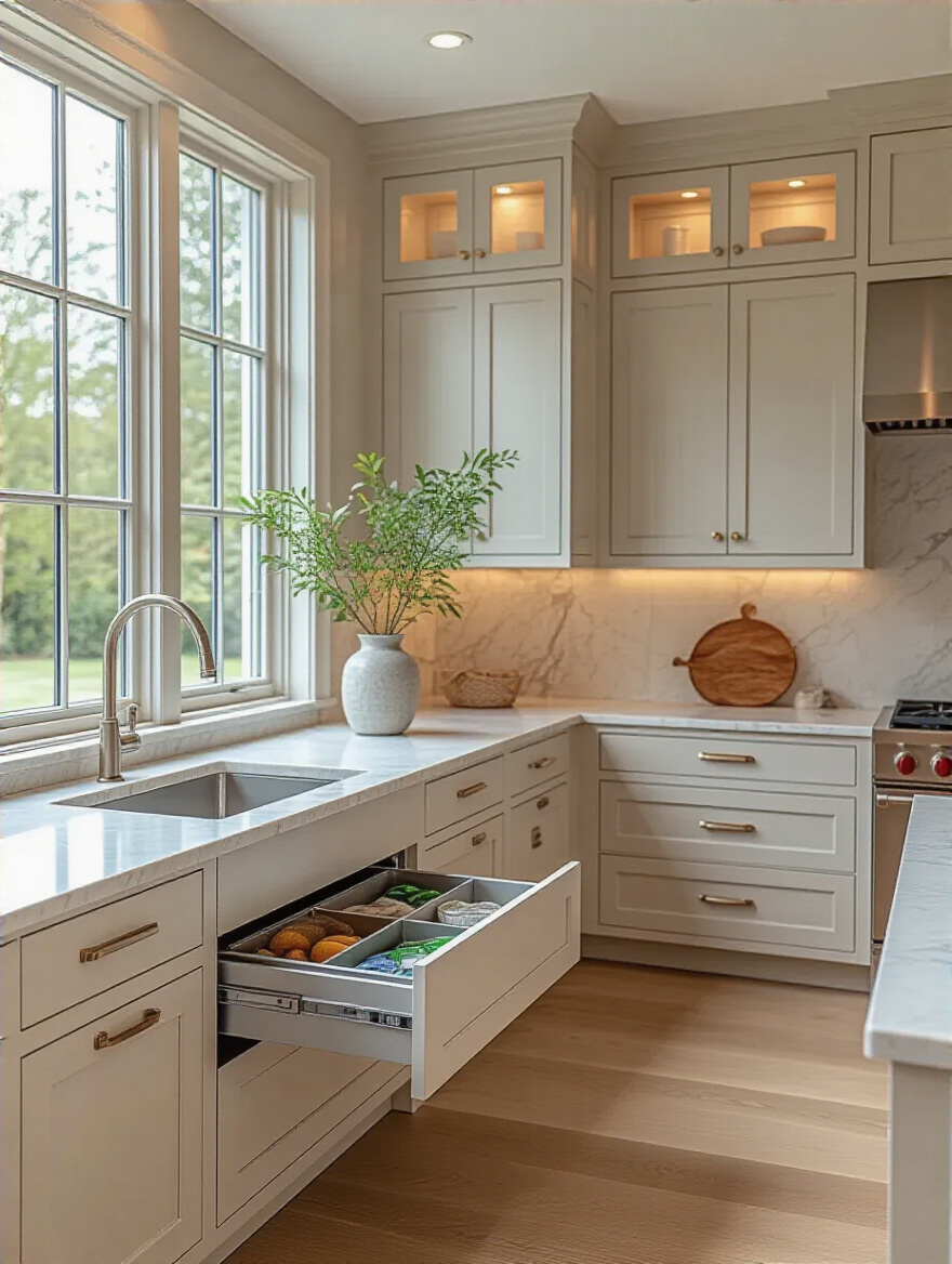 Concealed waste management system integrated into luxury kitchen cabinetry