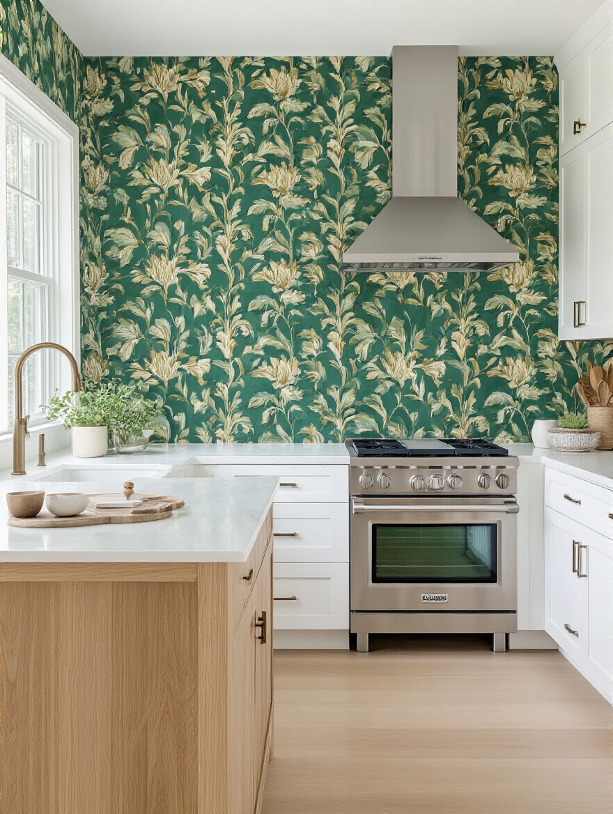 Portrait view of a modern kitchen with an accent wallpaper wall