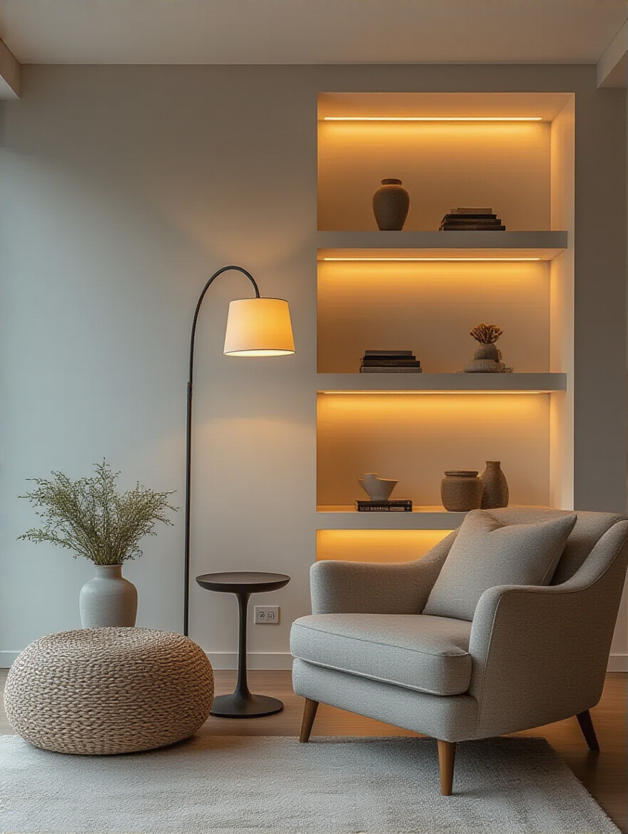 A beautifully lit living room showcasing strategic layered lighting, including a floor lamp, recessed ceiling lights, and accent lighting on shelves, creating a cozy and functional atmosphere without people.
