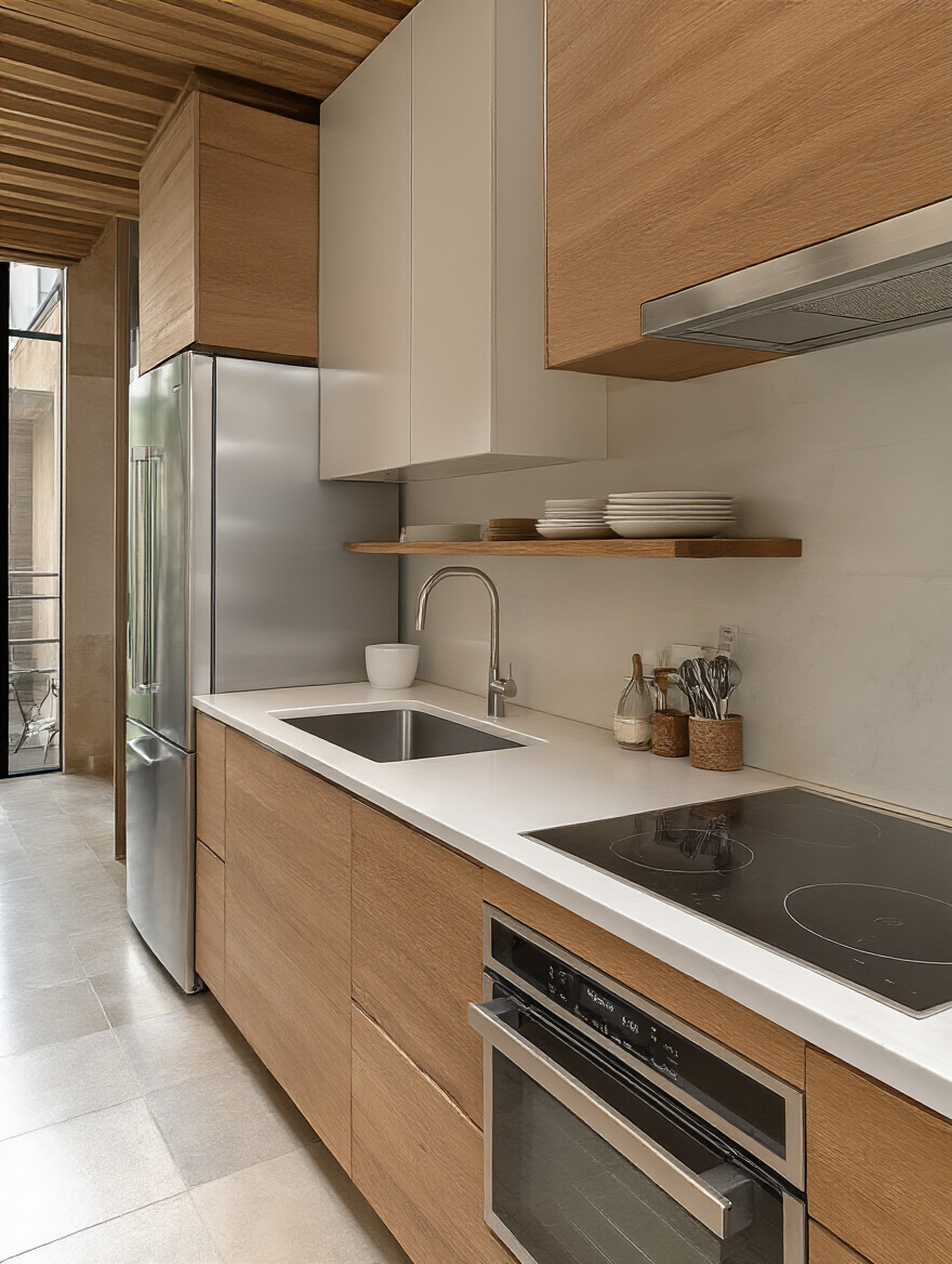 Overhead view of a compact, modern kitchen with a clearly defined work triangle featuring a stainless steel refrigerator, sink, and induction cooktop. White quartz countertops and warm wooden cabinets enhance the functional design.