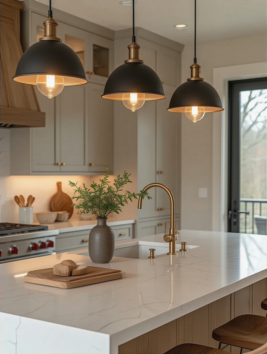 Pendant lights over a modern kitchen island